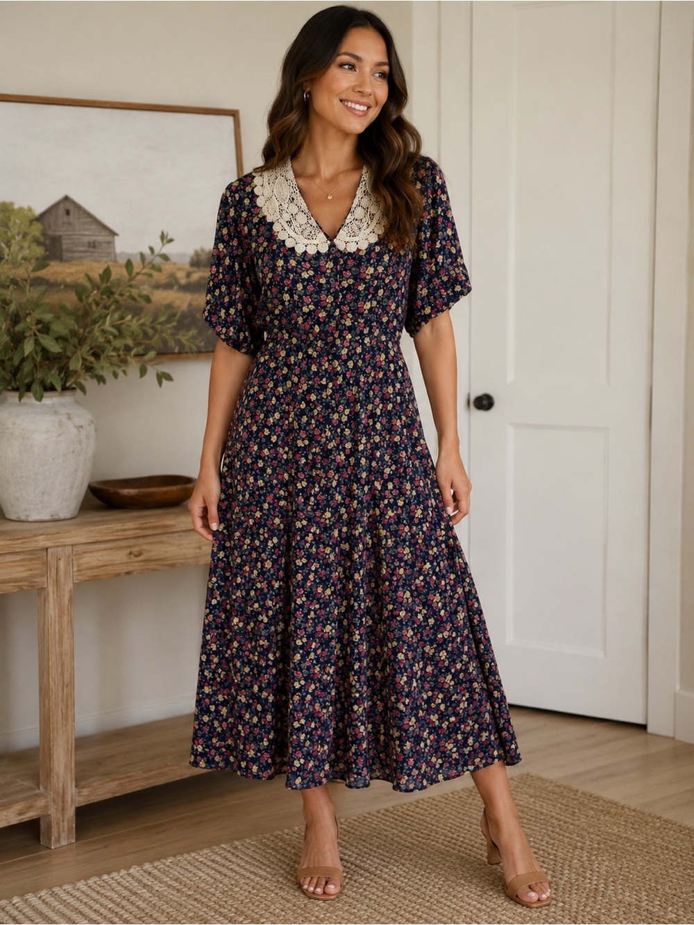 VTG Westminster Lace Floral Cottagecore  Prairie Dress Lace Collar Sz 12 Granny